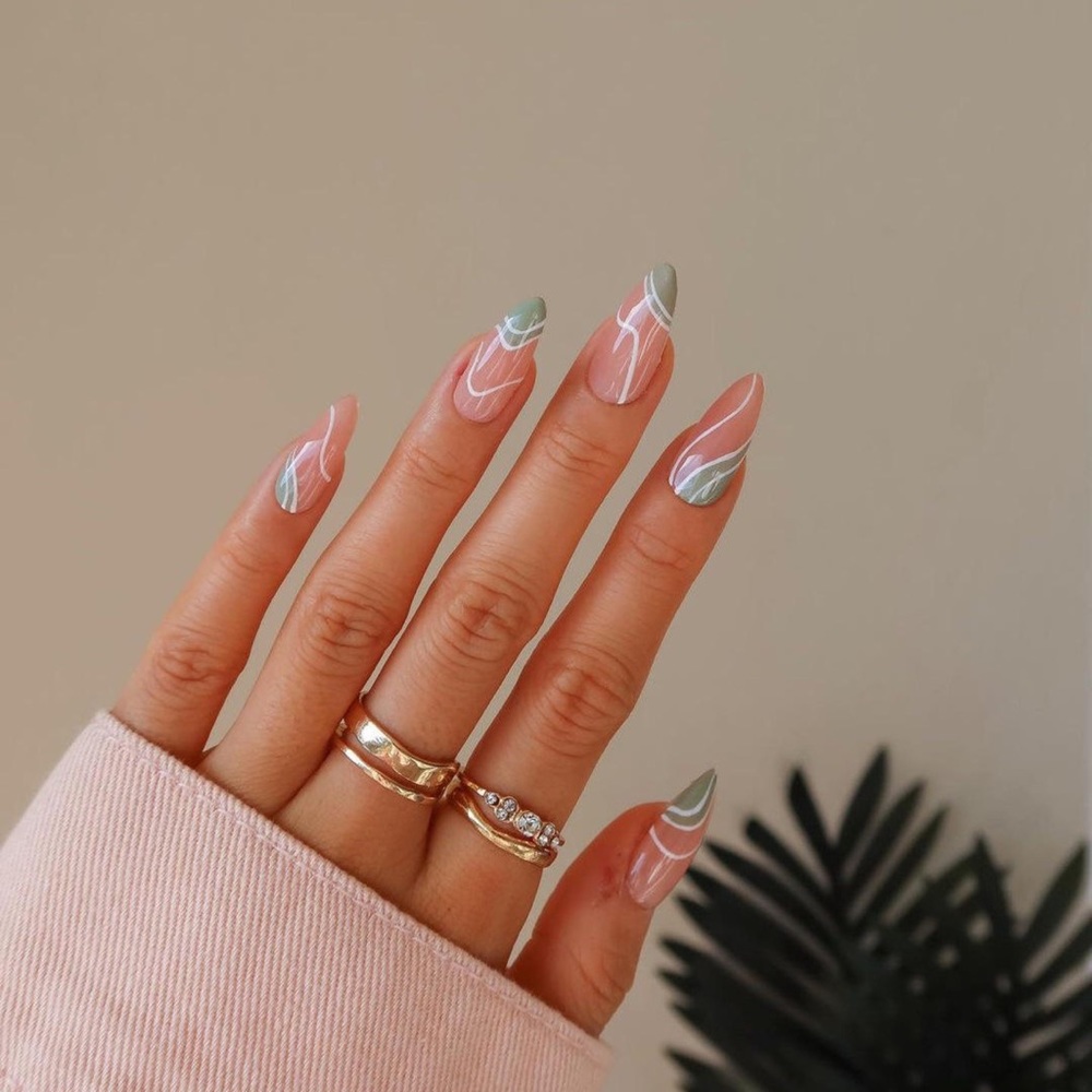Pink and Green Abstract Art Press on Nails| pink coffin nails| green coffin nail